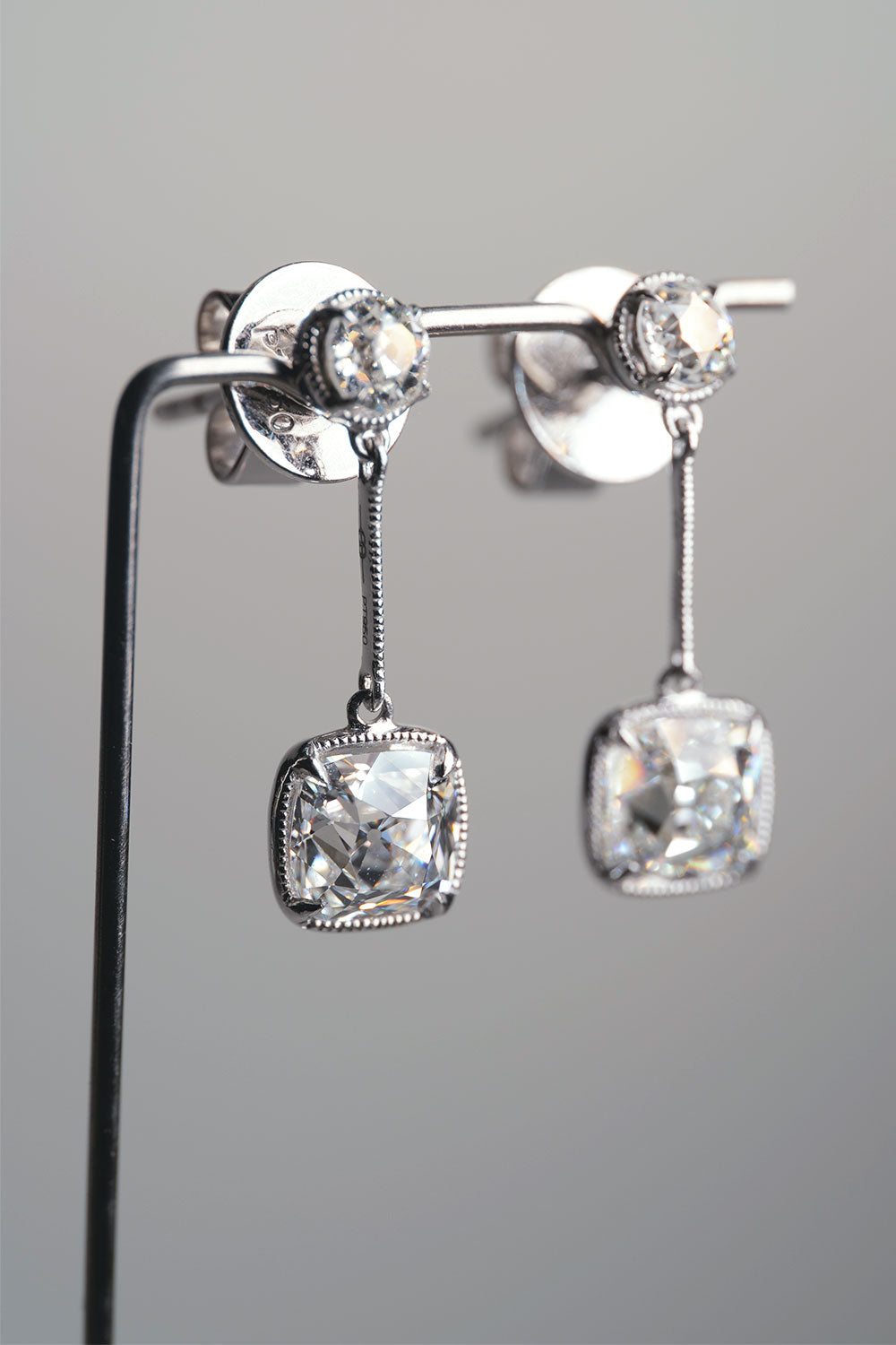 1.00ct and 1.01ct Old Mine Brilliant Cushion Cut Diamond Earrings