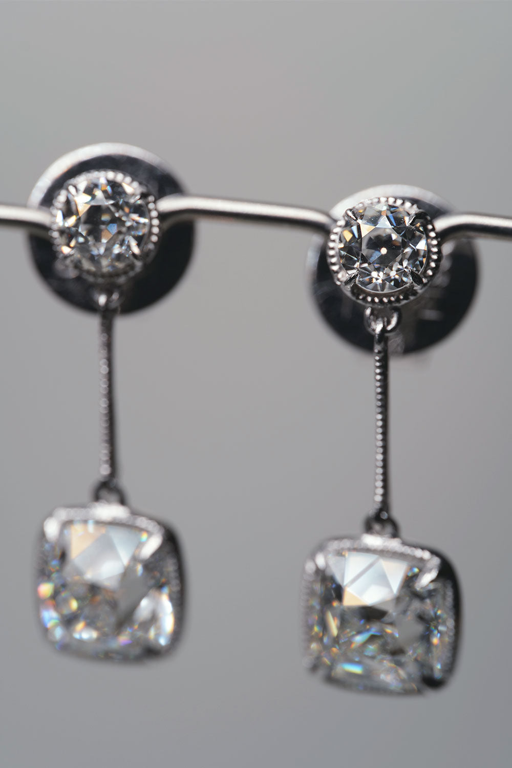 1.00ct and 1.01ct Old Mine Brilliant Cushion Cut Diamond Earrings