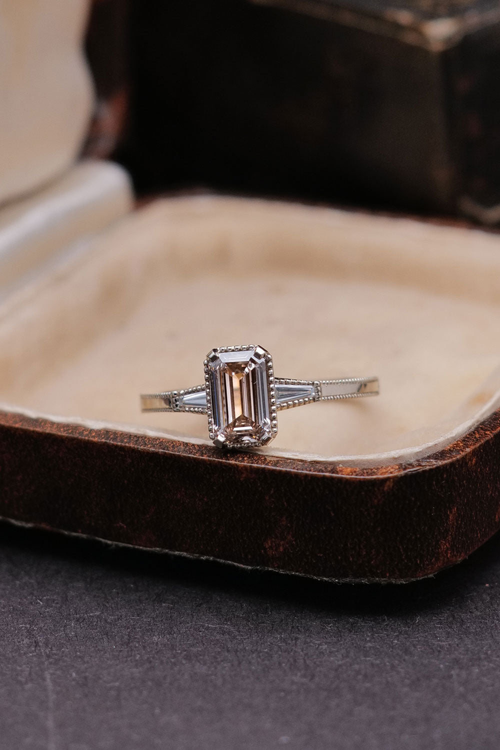 1.03ct Fancy Light Brown Emerald Cut Natural Diamond Ring